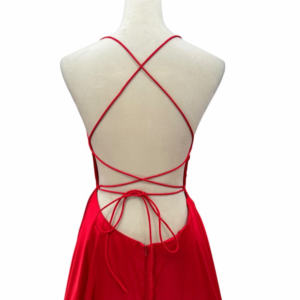 Sherri Hill Red Satin Strappy Lace Up Back Valentines A-Line Formal Prom Dress - Picture 7 of 13